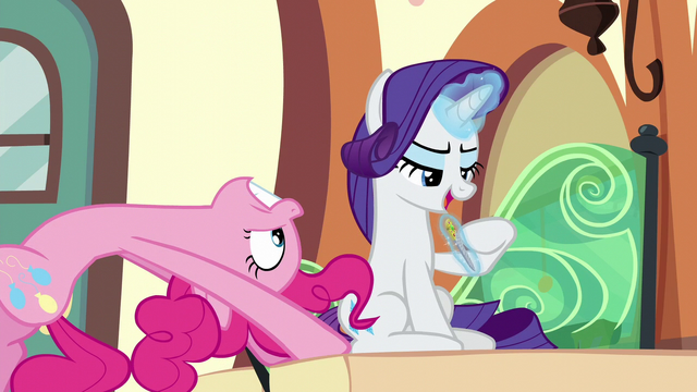 File:Pinkie smiling; Rarity filing her hoof S6E3.png