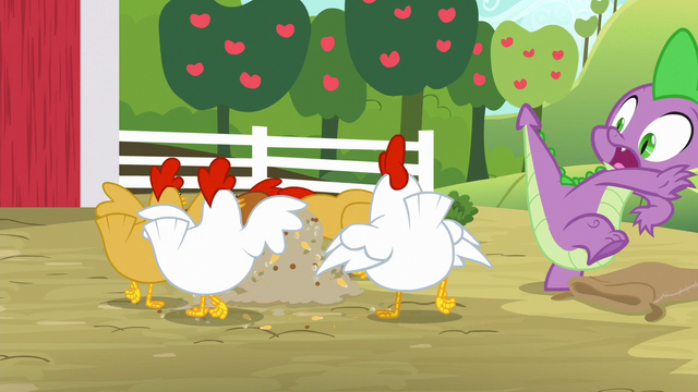 File:Chickens flock to chicken feed; Spike startled S6E10.png
