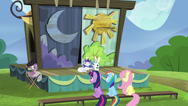 File:Twilight, Rainbow and Fluttershy watching the play S4E21.png