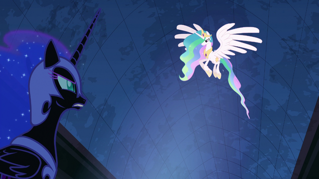 File:Princess Celestia flying above Nightmare Moon S4E02.png