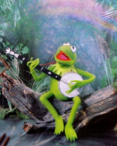 Kermit the frog playing banjo in a swamp