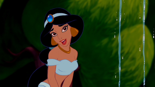 Fichier:Aladdin (Disney) 1992 Princesse Jasmine jardins palais fontaine sourire amusement.png