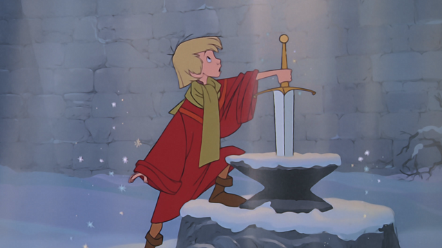 Fichier:Merlin l'Enchanteur (Disney) Moustique Arthur Pendragon Excalibur épée enclume.png
