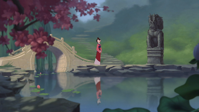 Fichier:Mulan (Disney) 1998 jardin étang statue chanson Réflexion.png