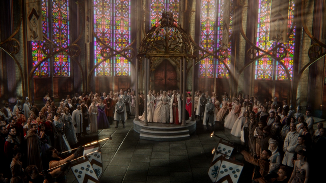 Fichier:6x10 cérémonie adoubement Princesse Emma Swan Reine Blanche-Neige Roi David chapelle pavillon annonce trompettes arrivée Sir Prince Henry.png