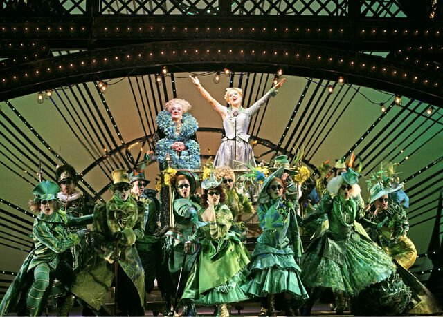 File:Madame Morrible Maggie Kirkpatrick Glinda Lucy Durack and ensemble Thank Goodness.jpg