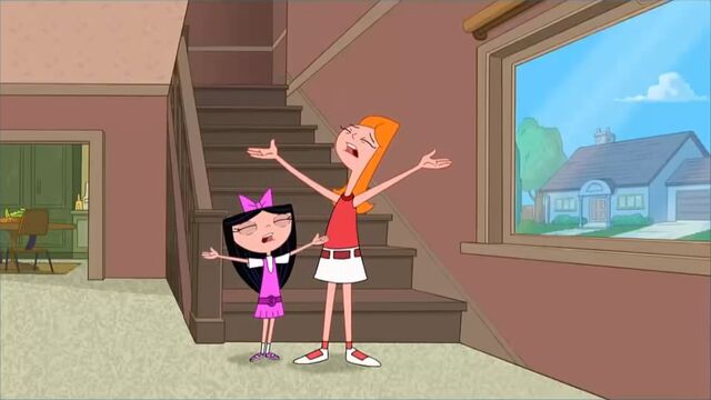 File:Candace and Isabella at the bottom of the stairs while singing only trying to help.jpg