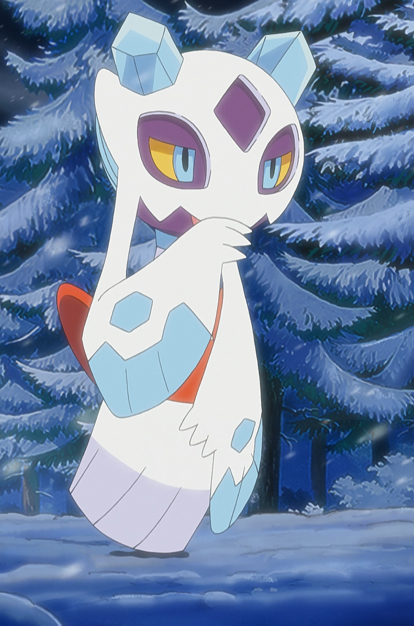 Froslass, a pokemon resembling a sphere of icy rock with a body and arms hanging from it, designed to resemble a white and blue kimono, demurely covering her mouth.
