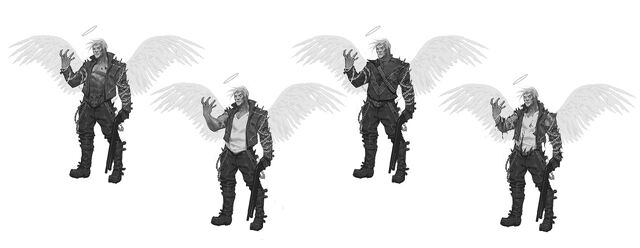 File:Johnny Gat Concept Art - Gat out of Hell Demonic look - four versions with outstretched hand, facing left.jpg