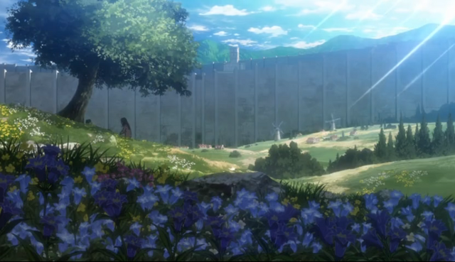 Archivo:Eren y Mikasa en las afueras del Distrito Shiganshina.png