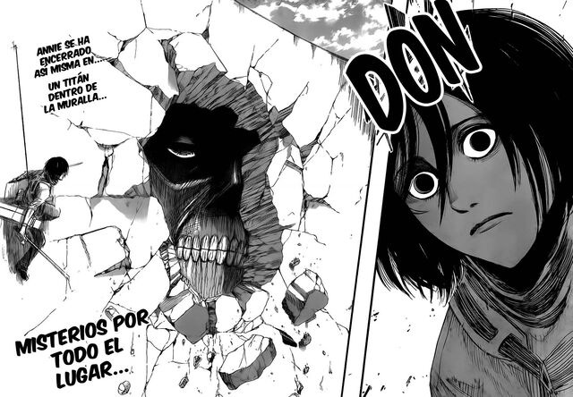 Archivo:Mikasa observa a un titán en el interior de la muralla.jpg