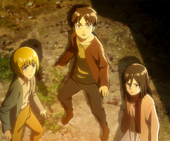 Armin, Eren, e Mikasa vedono il Gigante Colossale