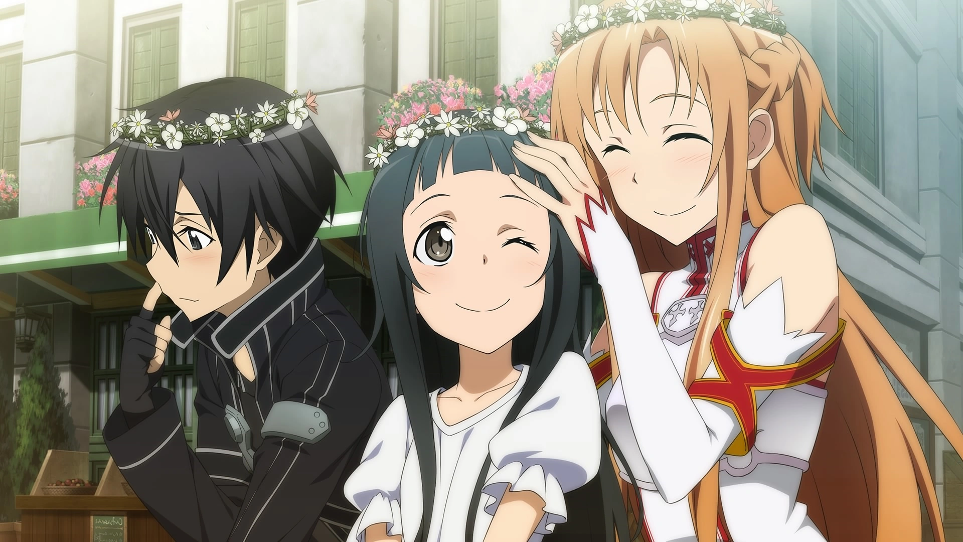 Image Kirito, Asuna and Yui wearing flower crowns.png Sword Art