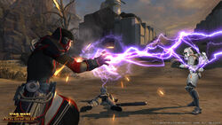 Sith Inquisitor Lightning op een Trooper.jpg
