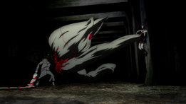 Kureo using both Ryouko and Fueguchi's Kagune to fight Touka.png