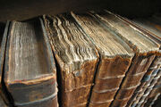 Photograph of a row of ancient books, some with disintegrating leather covers