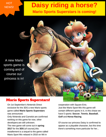 File:Sarasaland Gossip Page 01 - Daisy riding a horse Mario Sports Superstars is coming!.png