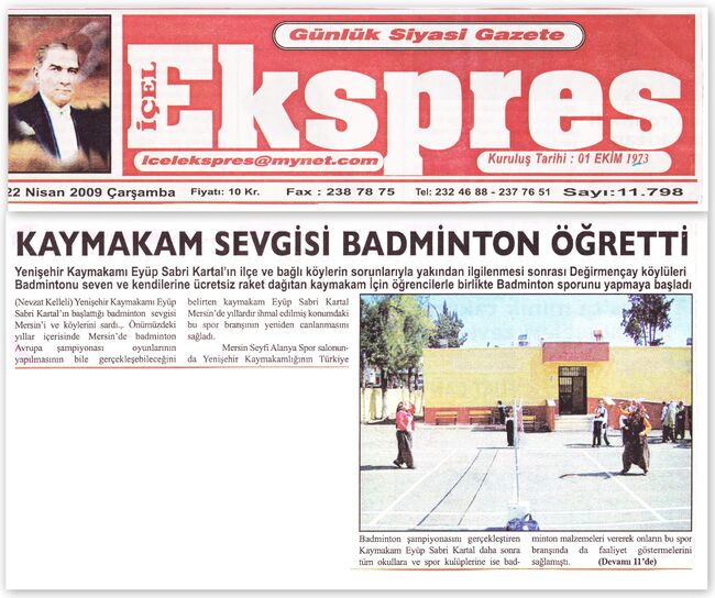 Kaymakam sevgisi badminton öğretti - İçel ekspres gazetesi 22 nisan 2009.jpg