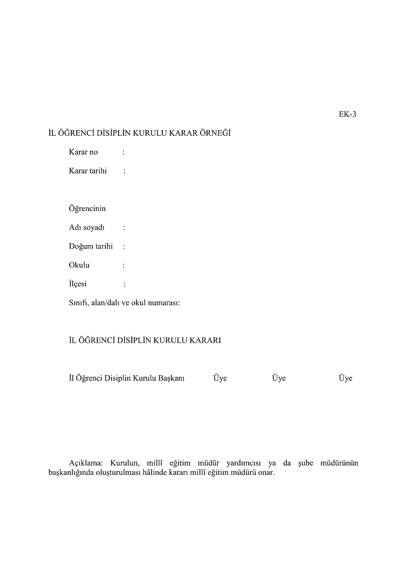 Ortaöğretim Kurumları Yönetmeliği EK-3 Formu
