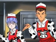 Miho and Honda in Beef Bowl uniforms