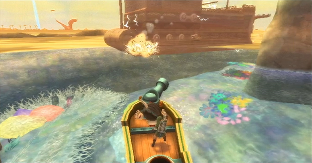 File:Skyward Sword Skipper's Motorboat Attacking the Sandship.png